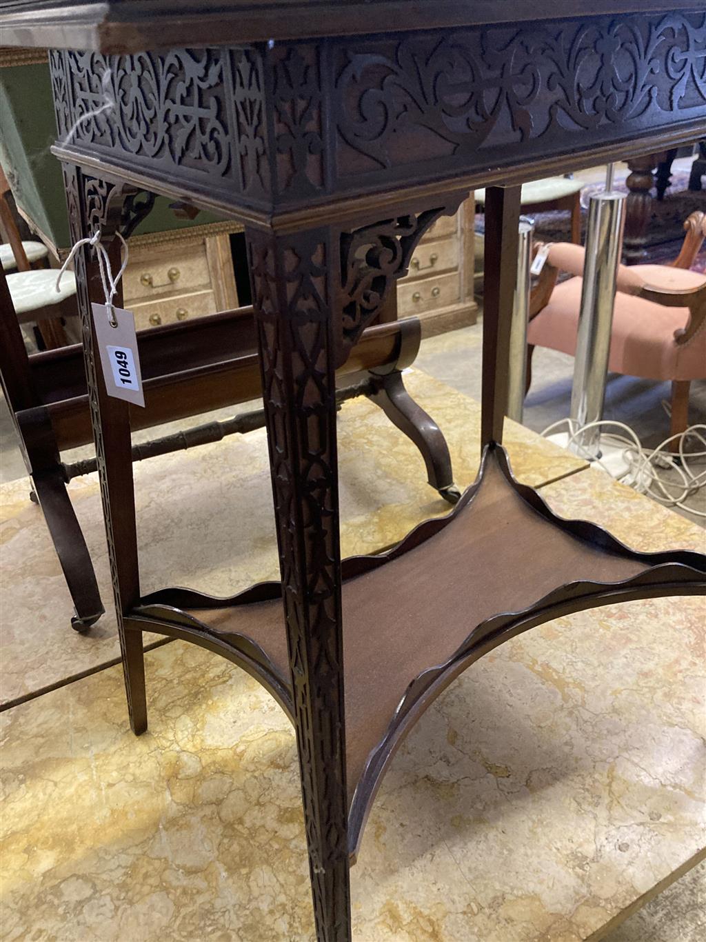 A late Victorian mahogany blind fret folding tea table, width 50cm, depth 38cm, height 65cm